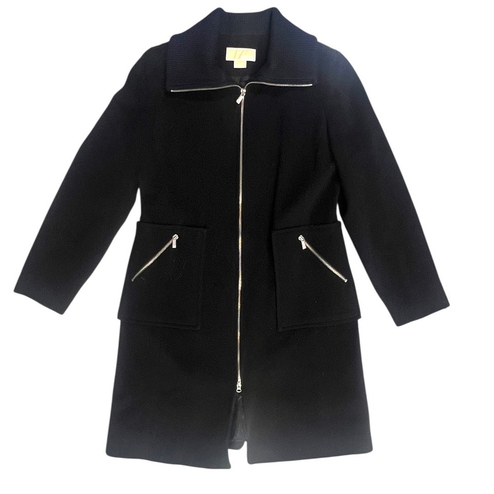 Michael Kors Womens Black 100% Wool Full‎ Zip Ribbed Collar Coat Size 12 - Picture 2 of 8
